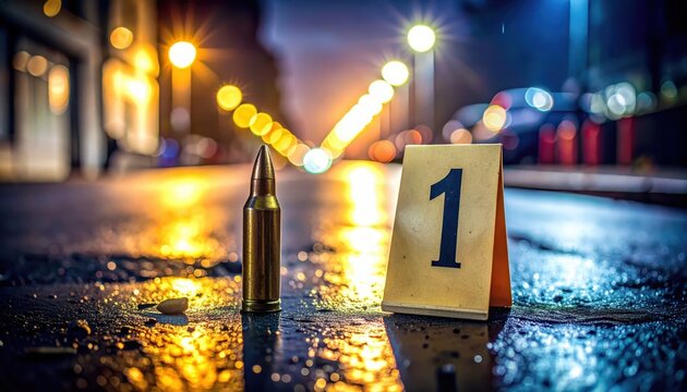 Police evidence marker number 1 and bullet casing on wet pavement at night with bokeh lights