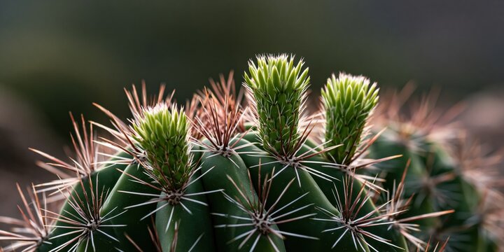 Close-up shot of a vibrant green cactus showcasing its sharp spikes and new growth buds, illustrating nature's resilience and beauty in desert ecosystems.