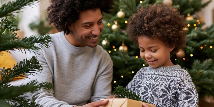 A heartwarming scene of a father and child sharing a joyful moment as they unwrap a present together, capturing the essence of love and family during festive celebrations.