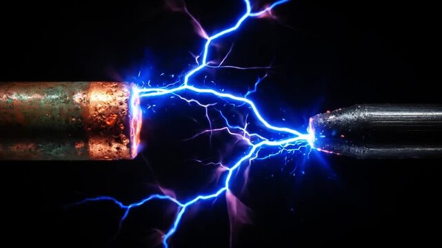Blue plasma arc discharging between electrodes, high voltage electricity science