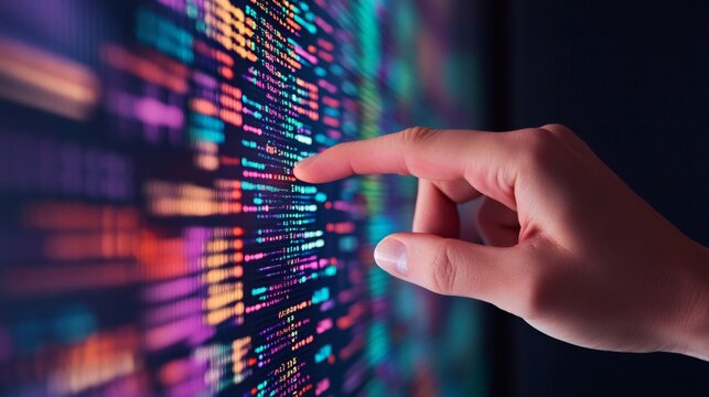 Programmer pointing at vibrant lines of code on a computer screen while working late in the office, focused on developing innovative software solutions and troubleshooting issues