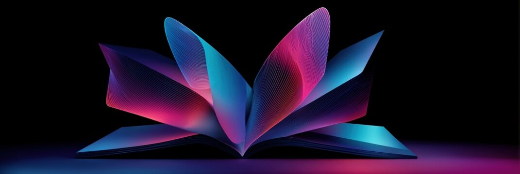 Abstract open book with glowing neon blue and pink gradient lines. Artistic illustration for education, music, digital art, creative background, literary event or modern design projects