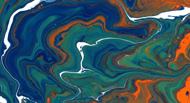 Acrylic paint swirls create a vibrant abstract pattern of deep blue, orange, and white liquid colors.