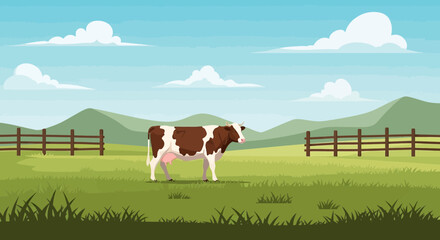 Brown and white cow grazing in a lush green meadow with a fence and mountains background © Rizal