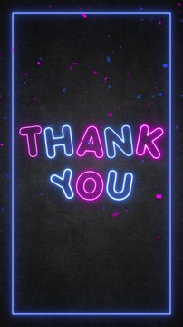 Thank you neon lights text with frame and confetti rain on blackboard animation, streaming and broadcasting vertical social media motion design element