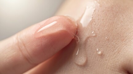 Fototapeta premium Close-up of a finger applying a clear liquid or gel to skin, showing moisture and texture.