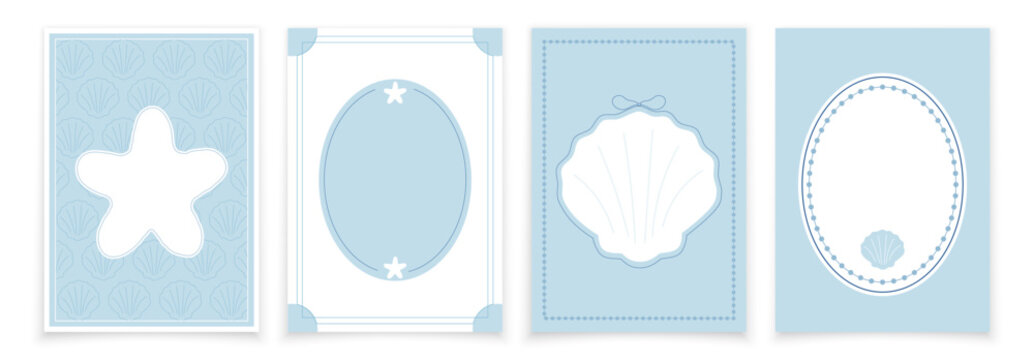Set of frames with marine motifs. Frames with shells and starfish. Templates for postcards, invitations in a marine style.