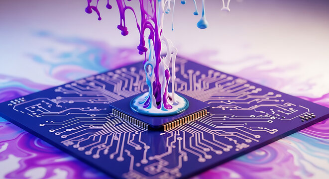 Abstract artistic representation of an ink spill over a high-tech electronic circuit board featuring defocused purple blue sparkling fluid droplets near a round microchip processor.