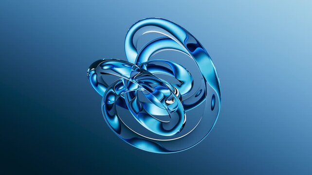 Motion of a glossy blue abstract sculpture twists in a gradient background, showcasing smooth curves and reflective surfaces. 3d render animation.
