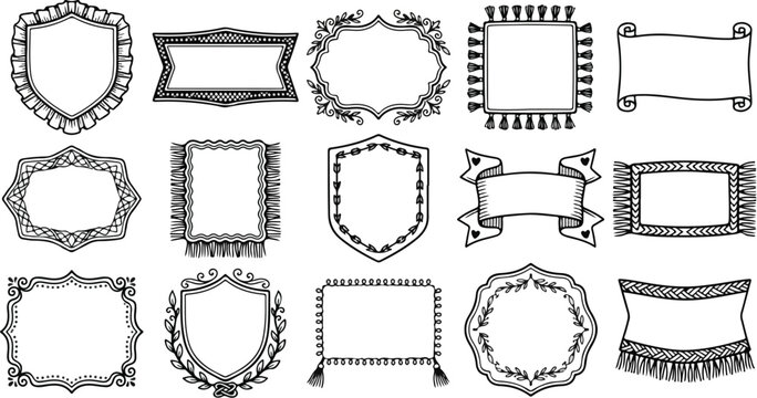 Doodle hand drawn rectangle frames set. Scribble pencil square and rectangular empty text boxes. Simple line border design elements for notes, highlights, or decoration. Vector illustration.