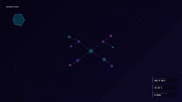 Dynamic motion of interconnected glowing particles forming complex geometric patterns in space.