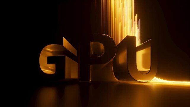 Golden lines race around the word GPU creating intense neon glow. The fast motion gives a sense of unstoppable energy. 3d render motion.
