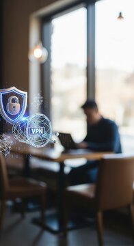 Secured Remote Work VPN and Cybersecurity Holographic Icons with Coffee Shop Bokeh and Copy Space