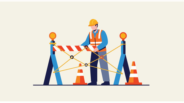 Construction worker blocking road with barricades and cones