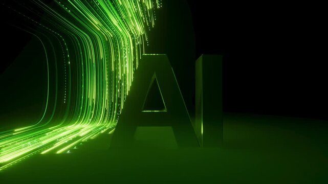 Pulsing green neon lines reveal AI word with energy trails. The rhythmic effect feels like digital heartbeat. 3d render motion.