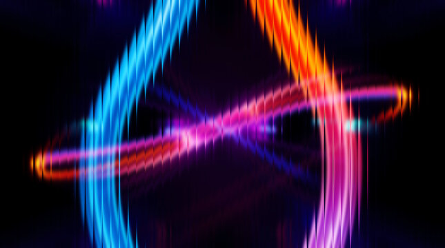 Abstract light trails background with colorful neon curves, dark night effect