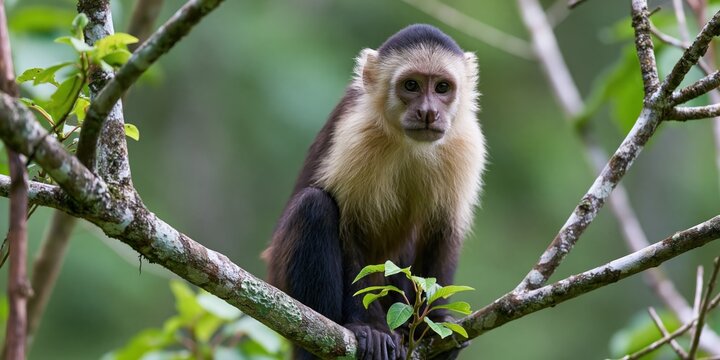 A captivating monkey perches on a tree branch, gazing into the distance. This image highlights the beauty of wildlife and the importance of preserving natural habitats.