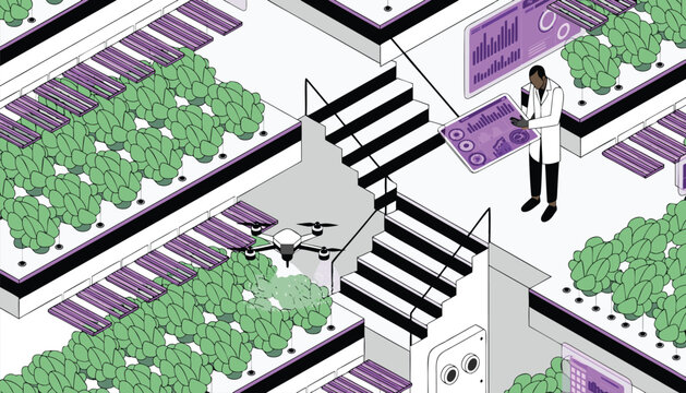 A researcher using a digital tablet to monitor a vertical farm with drones in a flat style farming agriculture