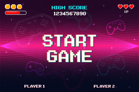 START GAME. pixel art 8 bit. Retro Futurism Sci-Fi Background. glowing neon grid and star from vintage arcade computer games