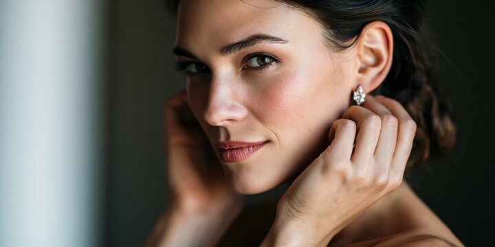 A sophisticated woman showcases her elegance and beauty, applying a finishing touch to her earrings, radiating confidence and charm before a special occasion.