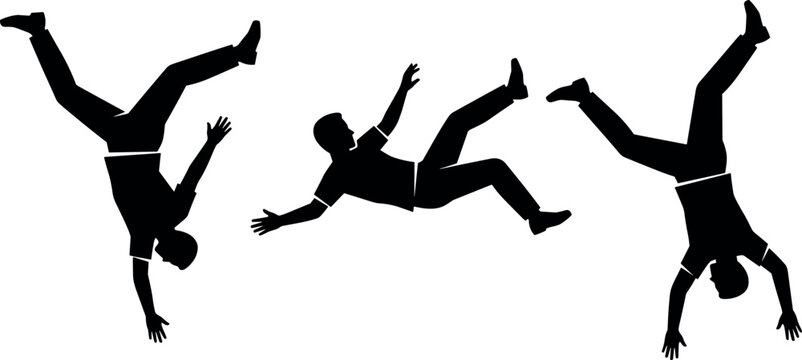 Falling Man Silhouette Vector Icon Set with People Dropping Stumbling and Tumbling Poses for Accident Risk Financial Crisis and Insurance Concept DesignsFalling Man Silhouette Vector Icon Set with Peo