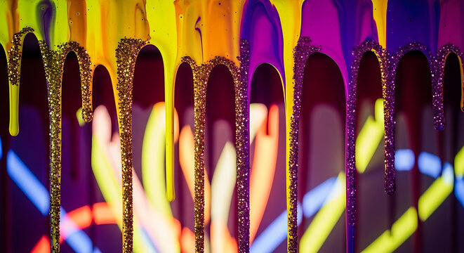 Vibrant Fluorescent Ink Glare Art with Defocused Yellow Golden and Purple Paint Drip Texture Featuring Bright Sparkling Light Bokeh and Fluid Abstract Artistic Liquid Background.
