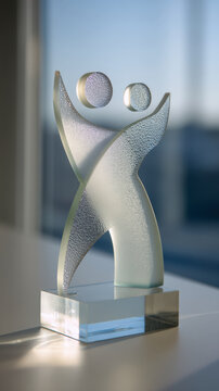 Abstract Human Trophy Figure Holding Spheres in Bright Office Light