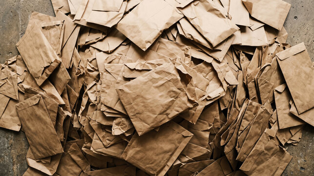 Pile of crumpled brown paper bags for recycling