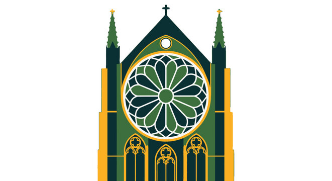 Gothic cathedral architectural illustration with rose window design.