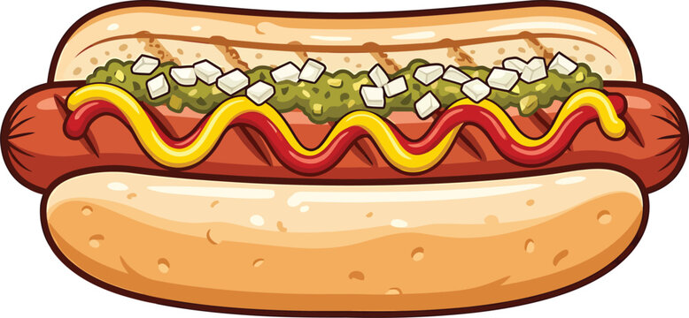 Hot dog with mustard ketchup relish onions in a bun appetizer appetizing condiment delicious frankfurter gastronomy grilling illustration ingredient restaurant