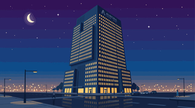A captivating flat design illustration of a tall office building standing illuminated against the deep hues of the night sky, its glowing windows suggesting ongoing activity. 