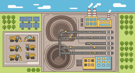 Industrial complex with mining, solar power, and factory production © Bakul