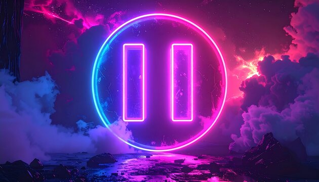 A vibrant neon pause symbol illuminates against a backdrop of swirling clouds and rock formations in a digital, otherworldly scene