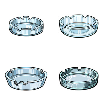 Set of four transparent glass ashtrays with multiple notches for cigarettes