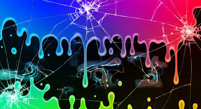 Abstract Digital Glitch Background Featuring Vibrant Gradient Liquid Flow and Colorful Distortion Spill on a Broken LCD Screen Texture with Dark Black Atmospheric Depth and Pixelated Noise