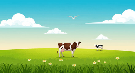 Idyllic Meadow Scene with Cows Grazing Under a Blue Sky with Clouds © Senja