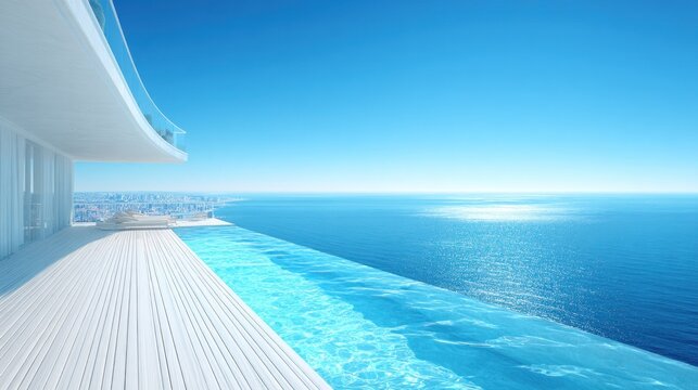 Modern architectural terrace features an infinity edge swimming pool overlooking a vast ocean expanse under a clear sky
