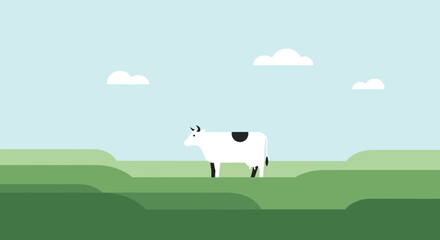 Stylized cow grazing in a flat design green landscape with clouds in blue sky. © Senja