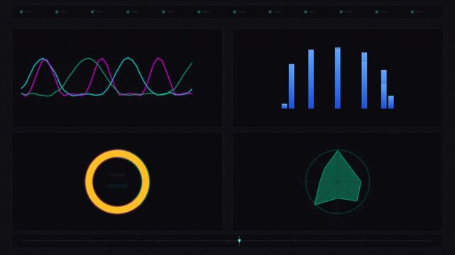 Dynamic motion of colorful data visualizations including line graphs bar charts and pie charts in animated digital dashboard scene.