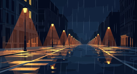 Rainy night street with glowing lamps and reflections on wet pavement © Senja