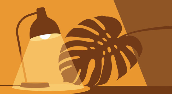 Monstera leaf shadow cast by desk lamp, warm light, minimalist interior design concept.