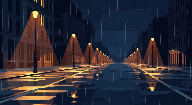 Rainy night street with glowing lamps and reflections on wet pavement