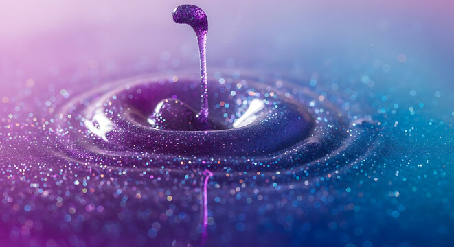 Abstract defocused paint mix with dye splash in purple and blue colors featuring glitter water wave shimmer and liquid pigment blend for artistic background texture