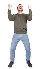 Fototapeta premium Passionate supporter guy, keeps fists tight, shouting and screaming as celebrates victory like crazy. Challenge win, breaking the rules. Motivation and success concept