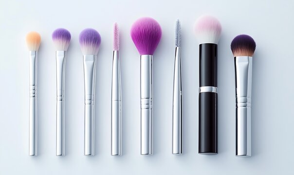 Set of eight makeup brushes in variety of sizes and shapes arranged neatly on white surface.