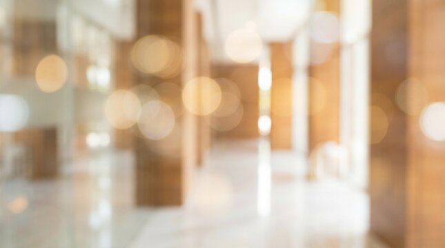 Cool Blurred hotel or office building lobby blur background interior view toward reception hall modern luxury white room space with blurry corridor and building glass wall window : Generative AI