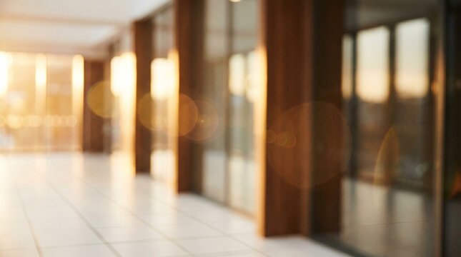 Cool Blurred hotel or office building lobby blur background interior view toward reception hall modern luxury white room space with blurry corridor and building glass wall window : Generative AI