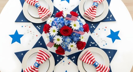 Obraz premium Festive independent day table setting with american flags and patriotic floral centerpiece