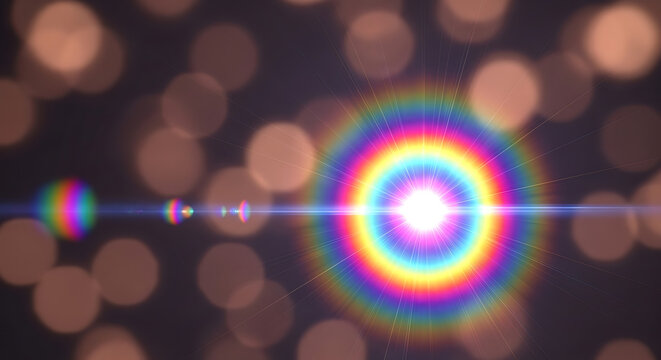 Vibrant Defocused Neon Light Flare with Radiant Purple and Orange Glow Featuring an Optical Luminous Gleam and Round Rainbow Visual Effects for a Lyrical Abstract Background