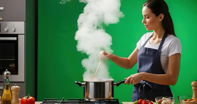 Woman cooking with steam in kitchen with green screen